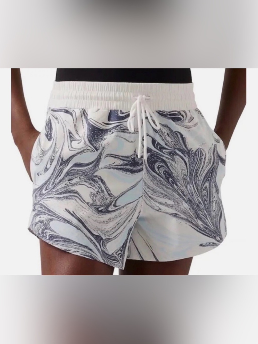 Athleta Marble-Print Drawstring Athletic Shorts - White/Grey/Light Blue